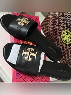 NIB🔥Tory Burch🔥Calf leather Black with Gold logo Slide Sandals size 10